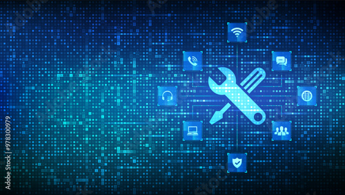 Technical support icon made with binary code. Customer help. Online tech support concept. Customer service tech icons connections. Binary digital background with digits 1.0. Vector Illustration.