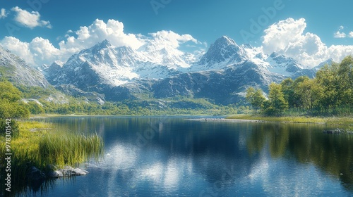 Sunlit Mountain Range Reflected in a Calm Lake with Snow-Capped Peaks