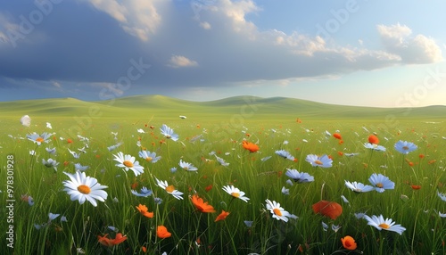 vibrant grassland floral wallpaper with a stunning array of wildflowers in a serene natural setting photo