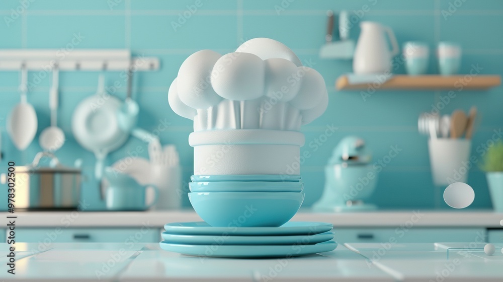 White Chef Hat Over Stacked Blue Plates in a Blue Kitchen White Chef Hat Over Stacked Blue Plates in a Blue Kitchen