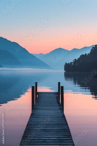 Serene Lakeside Dawn with Wooden Pier and Misty Mountains in the Background