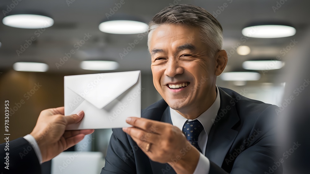 Successful businessman receiving envelope with salary raise or bonus, expressing joy and satisfaction. Corporate reward, financial incentive, and career advancement concept in professional workplace Successful businessman receiving envelope with salary raise or bonus, expressing joy and satisfaction. Corporate reward, financial incentive, and career advancement concept in professional workplace
