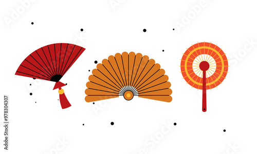 Hand fans. Cartoon Chinese handheld accessories logo