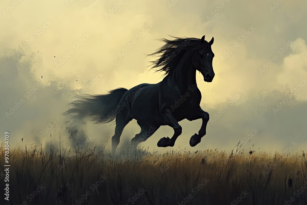 Majestic Black Horse Galloping Through Misty Field at Dawn Capturing Freedom and Power