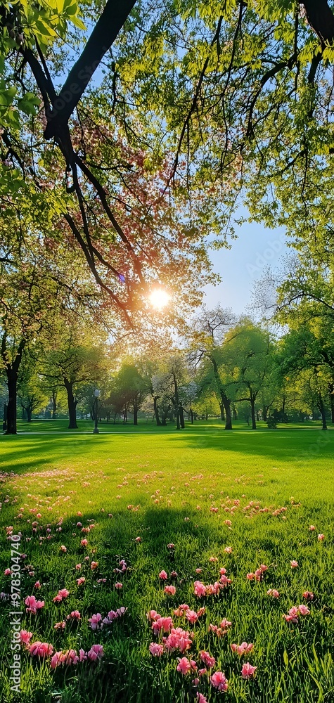 Naklejka premium 41. **A vibrant spring park with lush green lawns, blooming flowers, and a sunny, clear sky.