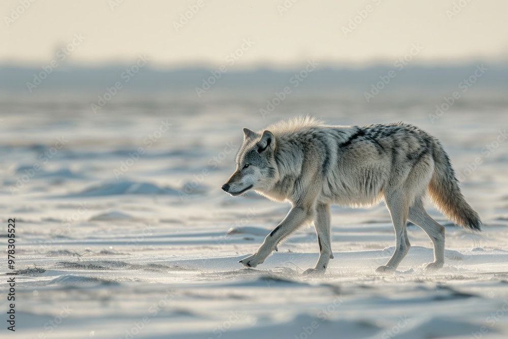 Obraz premium Gray wolf surveys the icy tundra, its fur thick and protective against the harsh cold. The stark landscape highlights the wolf’s strength and adaptability in the wild.