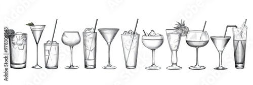 Elegant Line Art Illustrations of Various Cocktail Glasses with Drinks and Garnishes