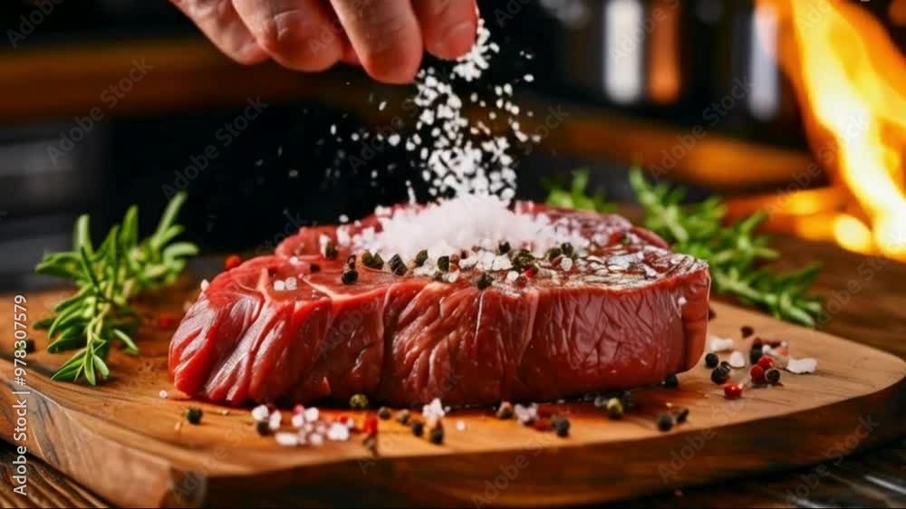 Hand sprinkling salt and seasoning on raw tenderloin steak meat beef on wooden chopping board on a wooden table prepared for cooking with flames in the background High quality HD 4K video clips food, Hand sprinkling salt and seasoning on raw tenderloin steak meat beef on wooden chopping board on a wooden table prepared for cooking with flames in the background High quality HD 4K video clips food,
