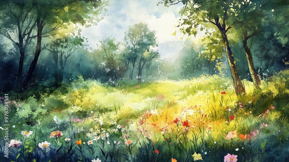 Beautiful Sunlit Forest Meadow with Wildflowers and Trees in a Serene Natural Landscape Beautiful Sunlit Forest Meadow with Wildflowers and Trees in a Serene Natural Landscape