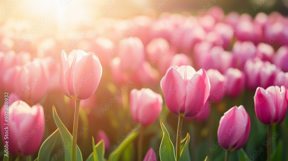 Obraz premium Landscape of Netherlands tulips with sunlight in Netherlands.