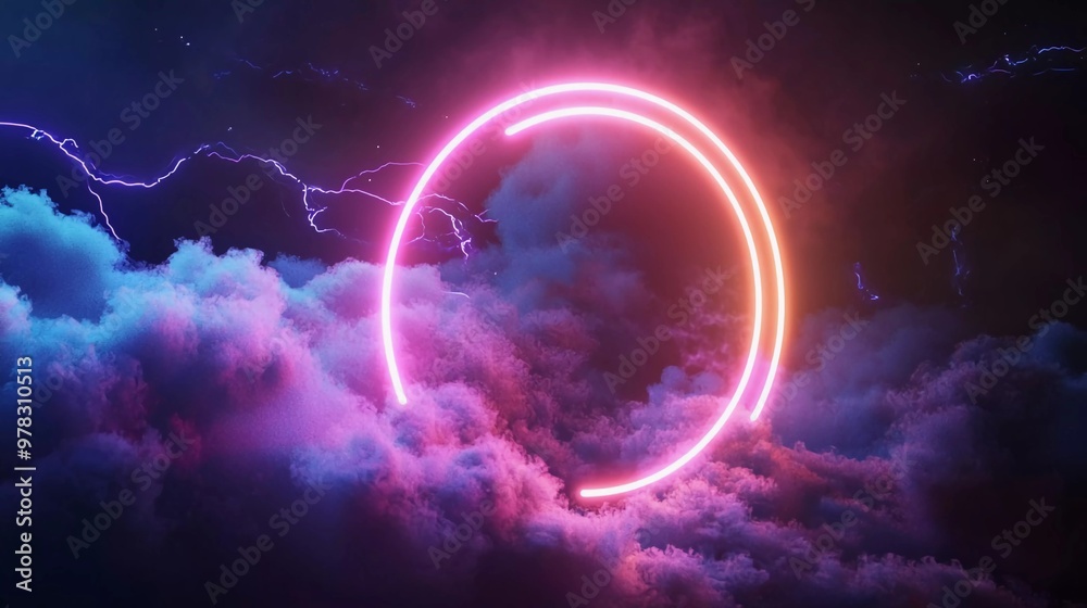 3d render, abstract cloud illuminated with neon light rings on dark night sky. Glowing geometric shape, nice round frame 3d render, abstract cloud illuminated with neon light rings on dark night sky. Glowing geometric shape, nice round frame