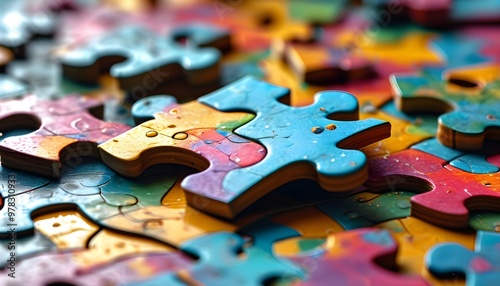 Intricate closeup of colorful puzzle pieces on a motherboard, representing a complex, adaptable system ready for creative assembly through generative AI.