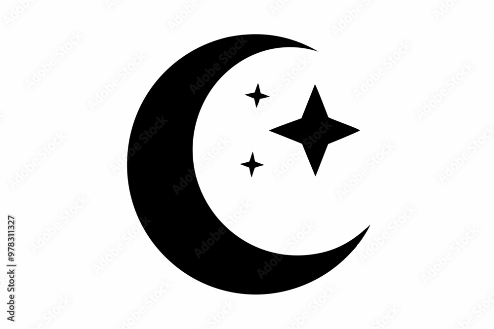 Moon crescent icon, Crescent moon with stars silhouette vector
Moon crescent icon, Crescent moon with stars silhouette vector