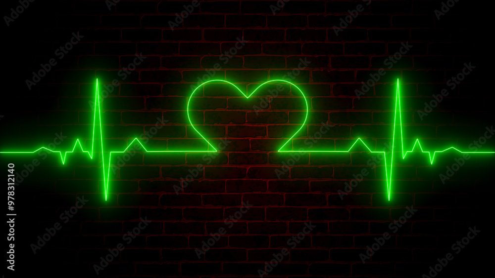 Naklejka premium Heartbeat Pulse: A Neon EKG Wave Analysis - An Abstract Exploration of Cardiology, Life, and Health Care with Illustrations of Vitality, Diagnosis, and the Power of Love in Medicine