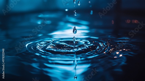 Water droplet creating ripples in a blue-lit environment photo