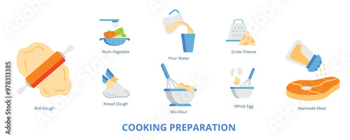 Cooking Preparation Flat Banner Web Icon Set Vector Illustration, Wash Vegetable Grate Cheese Whisk Egg Mix Flour Pour Water Knead Dough Roll Dough Marinade Meat