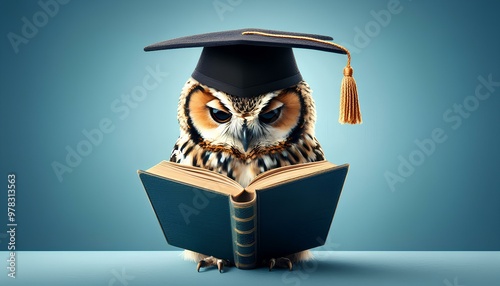 Cute owl cartoon teacher reading book in graduation cap and glasses, perfect for education illustration