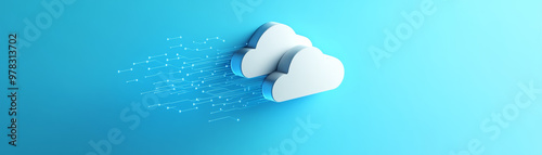 Minimalistic cloud technology artwork representing secure data storage. design features two stylized clouds with digital lines, symbolizing data transfer and connectivity