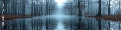 Creepy foggy swamp with eerie reflections and ghostly apparitions  photo