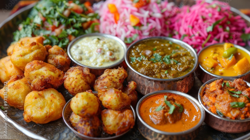 Overhead shot of a vibrant Indian street food platter with a variety of small dishes, including pakoras, bhajis, and chutneys Overhead shot of a vibrant Indian street food platter with a variety of small dishes, including pakoras, bhajis, and chutneys