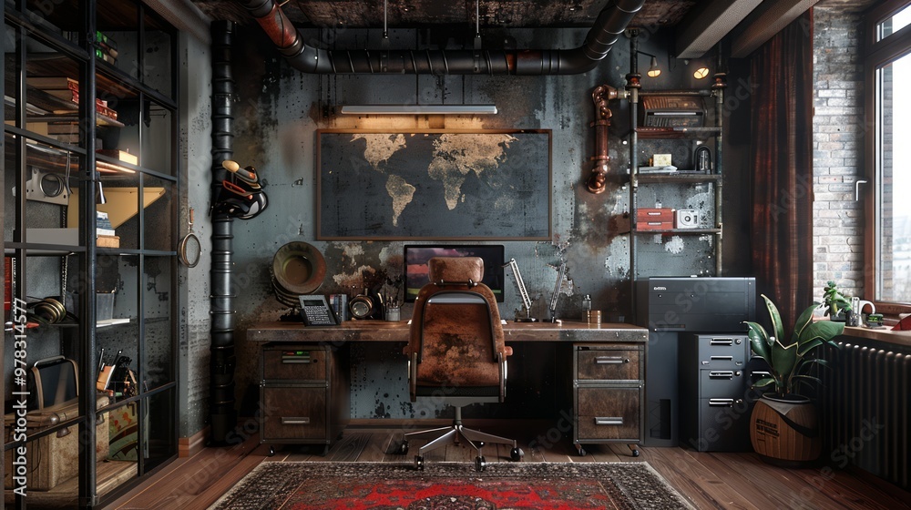 Industrial-themed home office with exposed pipes and ducts, blending modern and raw design elements Industrial-themed home office with exposed pipes and ducts, blending modern and raw design elements