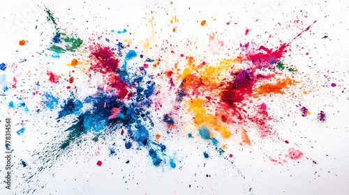 Vibrant colorful paint splatters explode on a white background, creating a dynamic abstract art design.