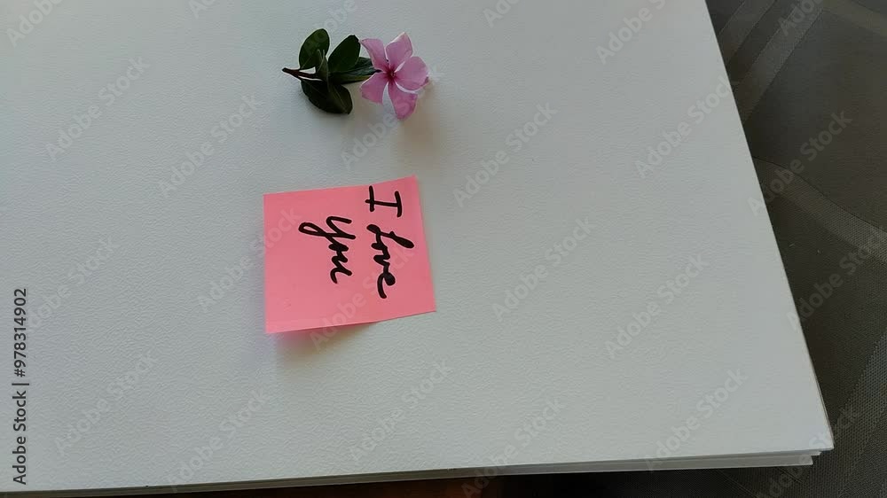 Una toma de cerca de una persona pegando con las manos una nota con la palabra te amo al lado de una flor rosada en una hoja de color blanco