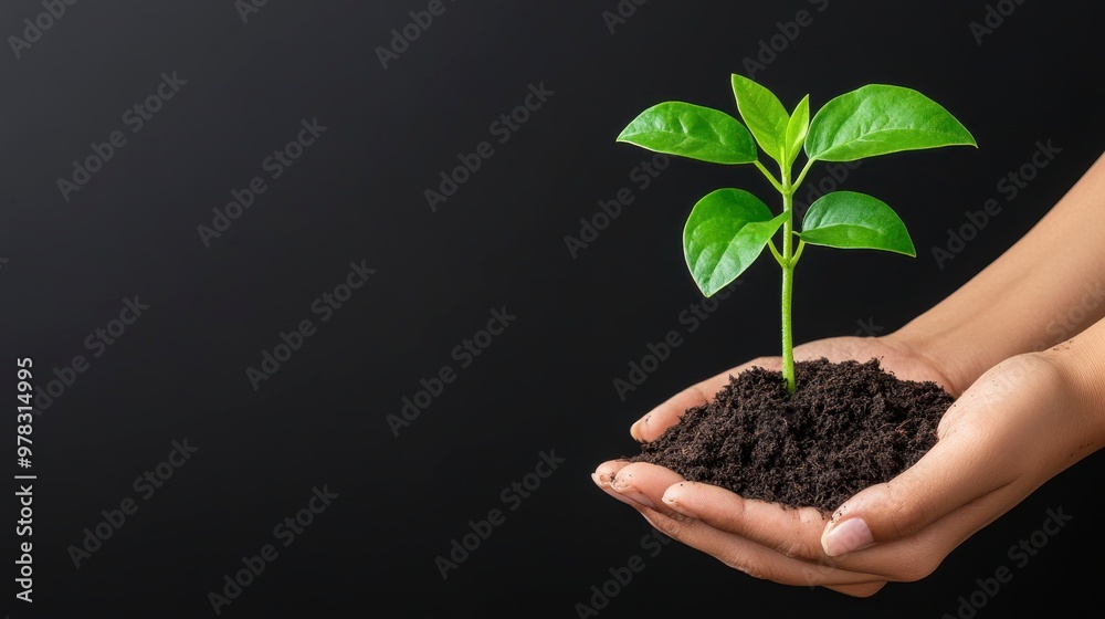 Nurturing New Life, Hand Cradling a Young Plant with Lush Green Leaves Nurturing New Life, Hand Cradling a Young Plant with Lush Green Leaves