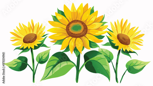 Fototapeta Naklejka Na Ścianę i Meble -  Watercolor Sunflowers with Green Leaves Vector Illustration on white background.