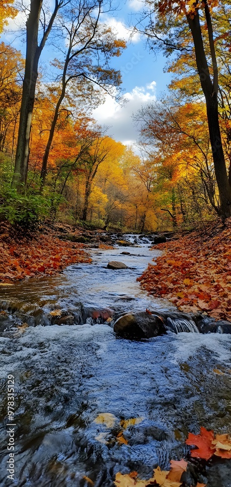27. **A picturesque autumn scene with colorful leaves, a gently flowing stream, and a crisp, clear sky. 27. **A picturesque autumn scene with colorful leaves, a gently flowing stream, and a crisp, clear sky.