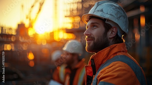 Workers in Safety Helmets Collaborate on Construction Plans Under a Bright Background