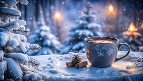 A cup of evening hot coffee in the snow.Festive winter card with Christmas decor including pine branches, cinnamon sticks and star anise.Perfect for holiday themed decorations.