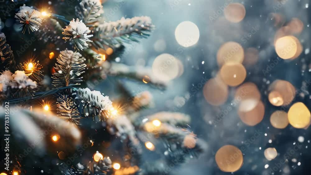 Close-up of snow-covered Christmas tree branches adorned with glowing lights, capturing the essence of winter holidays. Close-up of snow-covered Christmas tree branches adorned with glowing lights, capturing the essence of winter holidays.