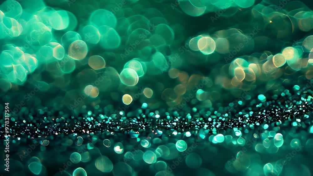 Abstract background featuring emerald green bokeh lights, creating a vibrant and sparkling visual effect.