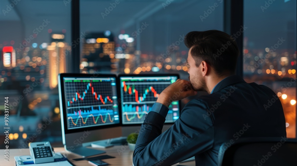 A businessman seated at his desk, staring hopelessly at multiple financial graphs on his computer screen showing a sharp market decline. His office window reveals a gloomy skyline A businessman seated at his desk, staring hopelessly at multiple financial graphs on his computer screen showing a sharp market decline. His office window reveals a gloomy skyline