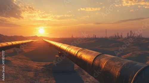 Long oil pipeline crossing a wide desert under the soft glow of sunset, representing industrial infrastructure.