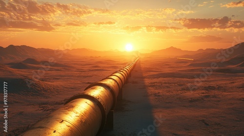 Long oil pipeline crossing a wide desert under the soft glow of sunset, representing industrial infrastructure.