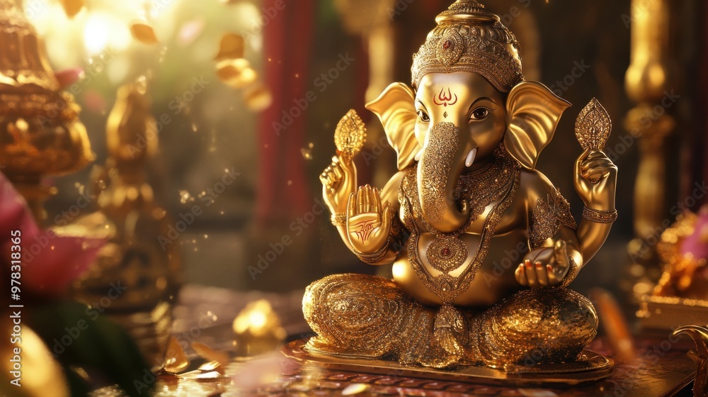 Fototapeta premium Luxurious Ganesha in a virtual 3D world of gold, shining bright with intricate digital designs and elegance.