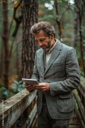 Man in suit using tablet in forest