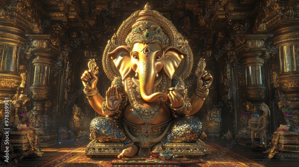 Fototapeta premium Ganesha in a virtual palace made of gold and jewels, glowing with divine luxury and opulence.