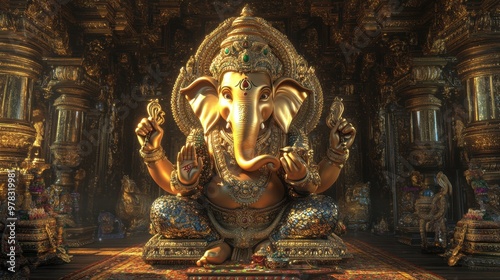 Ganesha in a virtual palace made of gold and jewels, glowing with divine luxury and opulence. photo