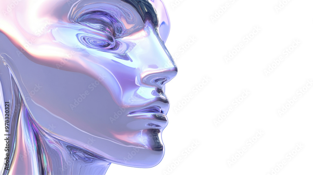 A close-up of a futuristic, metallic humanoid face with smooth, reflective surfaces. A close-up of a futuristic, metallic humanoid face with smooth, reflective surfaces.