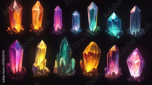 Glowing gems and magical crystals in a variety of shapes and colors, designed for fantasy game UIs. photo