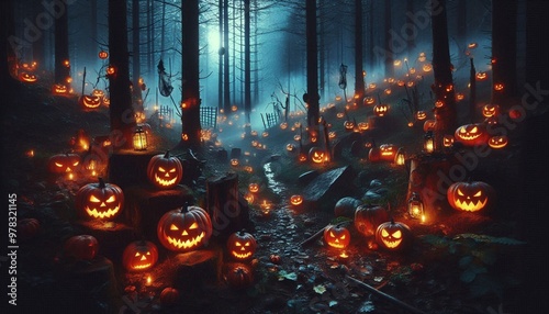 Halloween pumpkins in the forest at night. Halloween concept.