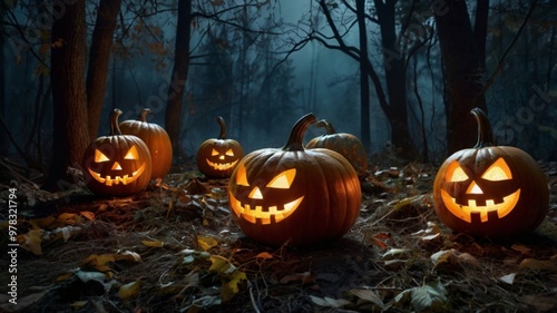 Halloween pumpkins in the forest at night. Halloween concept.