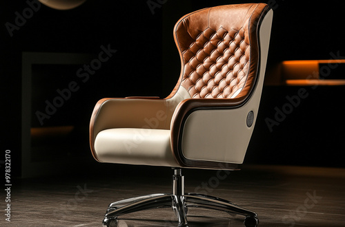 leather office chair has an armrest and is equipped with aluminum metal legs photo