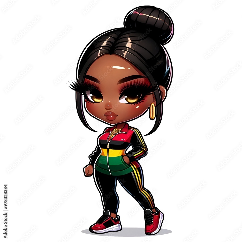 Black Chibi Cartoon woman with Hair in a Bun Wearing Black Sweatsuit with Red, Green, Yellow Stripes, Vector Illustration
Black Chibi Cartoon woman with Hair in a Bun Wearing Black Sweatsuit with Red, Green, Yellow Stripes, Vector Illustration