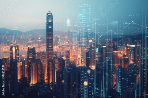 A modern city skyline with skyscrapers, overlaid with transparent financial charts and graphs, symbolizing real estate investment and financial growth in property markets
