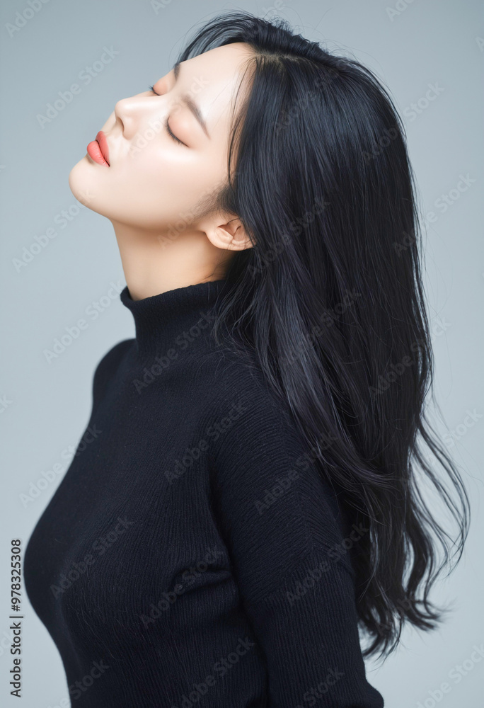 photography of beautiful female model with long black hair, wearing a black sweater. Generative AI photography of beautiful female model with long black hair, wearing a black sweater. Generative AI