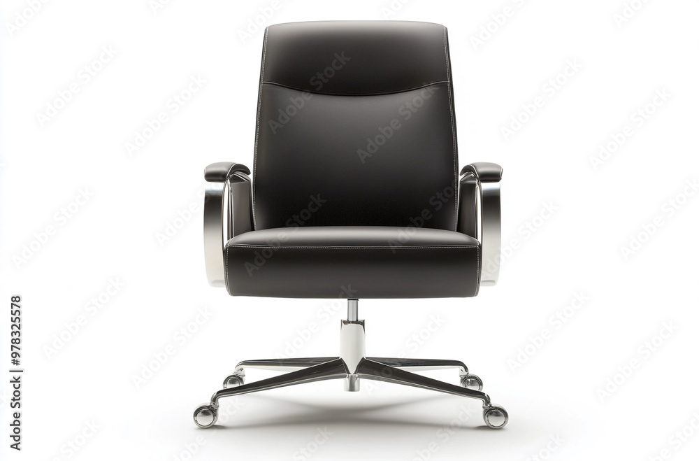 front view of the office chair has leather seat and backrest with chrome accents on the arm rest
front view of the office chair has leather seat and backrest with chrome accents on the arm rest